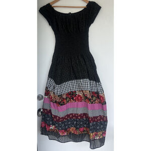 Luna Luz Black Patchwork Floral Eyelet Maxi Dress Boho Cottage Lagenlook Size XL